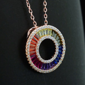 Sterling Silver Rainbow + 14k Rose Gold Channel Set MultiColor Baguette Sim Sapphire + Sim Diamond Art Deco Halo 18-inch Pendant Necklace
