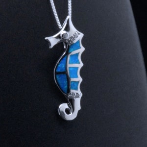 925 Sterling Silver Blue Opal Enamel Seahorse Animal Fish Sea Coastal jewelry Pendant 18-inch Necklace