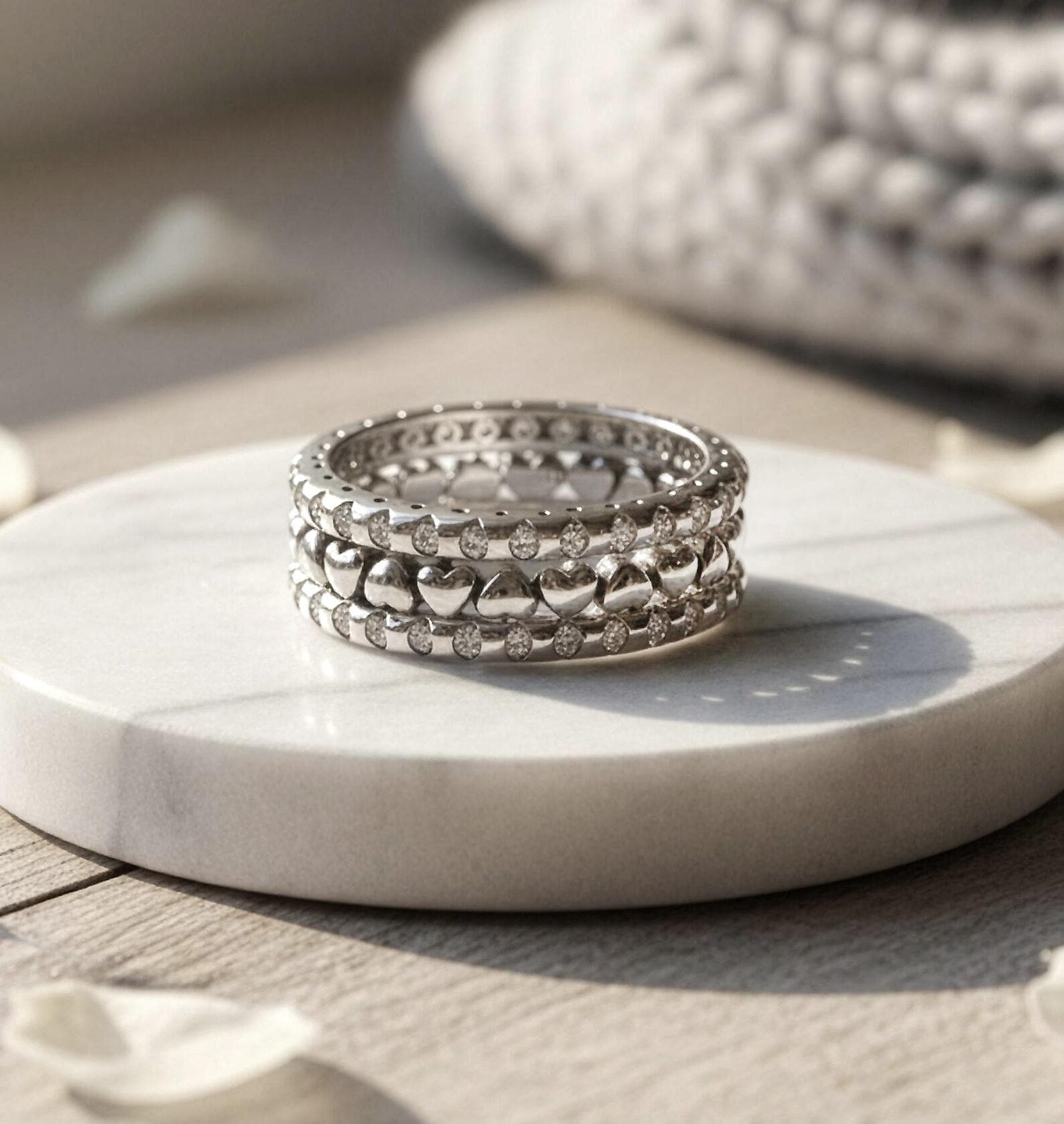 Sterling Silver Heart Ring Set • 3 Piece Stacking Eternity Bands • CZ ...