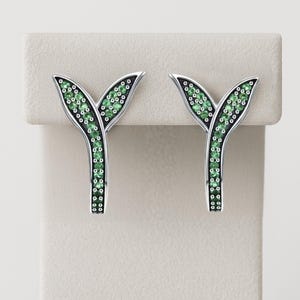 925 Sterling Silver Green CZ Leaf Huggie Earrings | Handmade Nature Inspired Hinged Hoops | Green Emerald CZ Jewelry Gift Nature Lovers