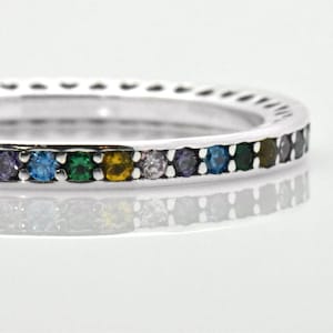 925 Sterling Silver Rainbow MultiColor Round Cut Anniversary September Sim Sapphire Gift Heart Cut Out Dainty Thin Stackable Eternity Ring