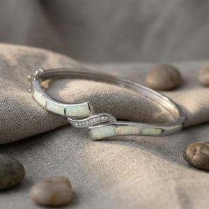 Sterling Silver Opal Bangle • White Inlay Bracelet • 14k White Gold Overlay Hinged Cuff