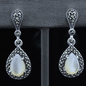 Vintage Marcasite & Mother of Pearl Dangle Earrings | 925 Sterling Silver Handmade Leverback Drops | Artisan Wedding Earrings Gift for Her