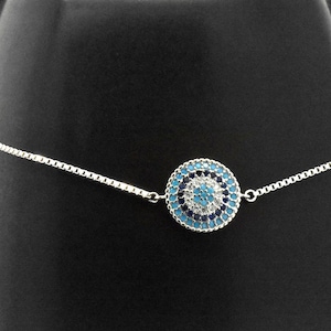925 Sterling Silver Onda Ögat Hamsa Händer Rund Blå Sim Safir Simulerad Diamant Turkos Bolo Justerbart Stränglänkarmband