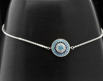 925 Sterling Silver Evil Eye Hamsa Hands Round Blue Sim Sapphire Simulated Diamond Turquoise Bolo Adjustable String Box Link Bracelet