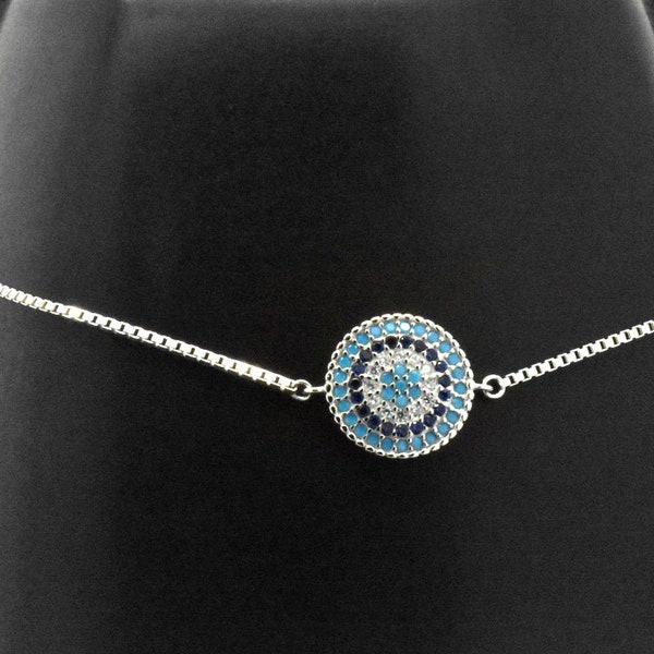 925 Sterling Silver Evil Eye Hamsa Hands Round Blue Sim Sapphire Simulated Diamond Turquoise Bolo Adjustable String Box Link Bracelet