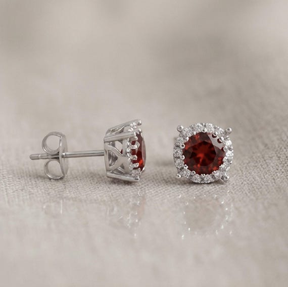 925スターリングシルバー ルビーレッド CZ ハロースタッドピアス 