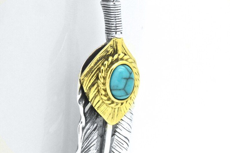 925 Sterling Silver Boho Men Women Unisex style Oxidized Silver Indian Tribal Style American Eagle Feather Blue Turquoise Pendant Necklace