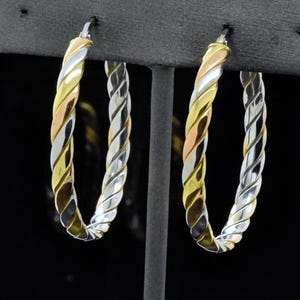 925 Sterling Silver + 14k Gold Overlay Tricolor Three Tone Gold Hoop Earrings | Leverback Round Twisted 1-3/8-in Long Twist Earrings