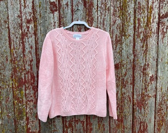 Sweetest Softest Pink Sweater Women’s Vintage Winter Sweater Size Large Cable Knit Beaded Sweater Bubblegum Pink Adorable Super Soft