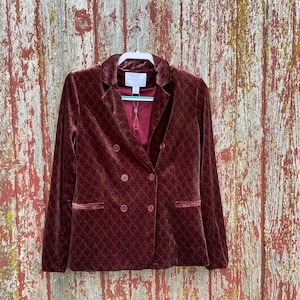Velours Jacke mit Knöpfen Damen Vintage Blazer Roter Veloursamt Button Up Größe Medium Vintage rote Veloursjacke Vintage Red Velvet