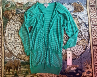 Striped Turquoise Cardigan Long Cardigan Vintage Cardigan Sweater Size Medium Striped Oversized Sweater Women’s S. Robert’s 80s 90s Vintage
