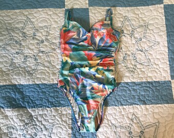 80s One Piece Floral Swimsuit Women’s Vintage Swimsuit Size 10 Women’s Vintage Swimsuit Size Medium Full Coverage Swimwear 80s Vintage Swim