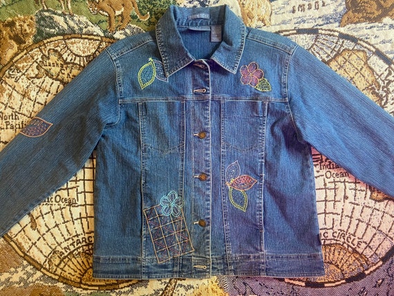 FleshFresh Vintage 90s Padded Denim Jacket from Domino Düsseldorf Italy , Retro Jean Coat, Embroidered, Lace, Velvet, Abstract Mix Pattern, Size L/XL