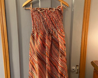 70s Vintage Strapless Dress Vintage Tube Top Women’s Vintage Summer Dress Orange Black Checkered Print Vintage Strapless Dress 60s 70s