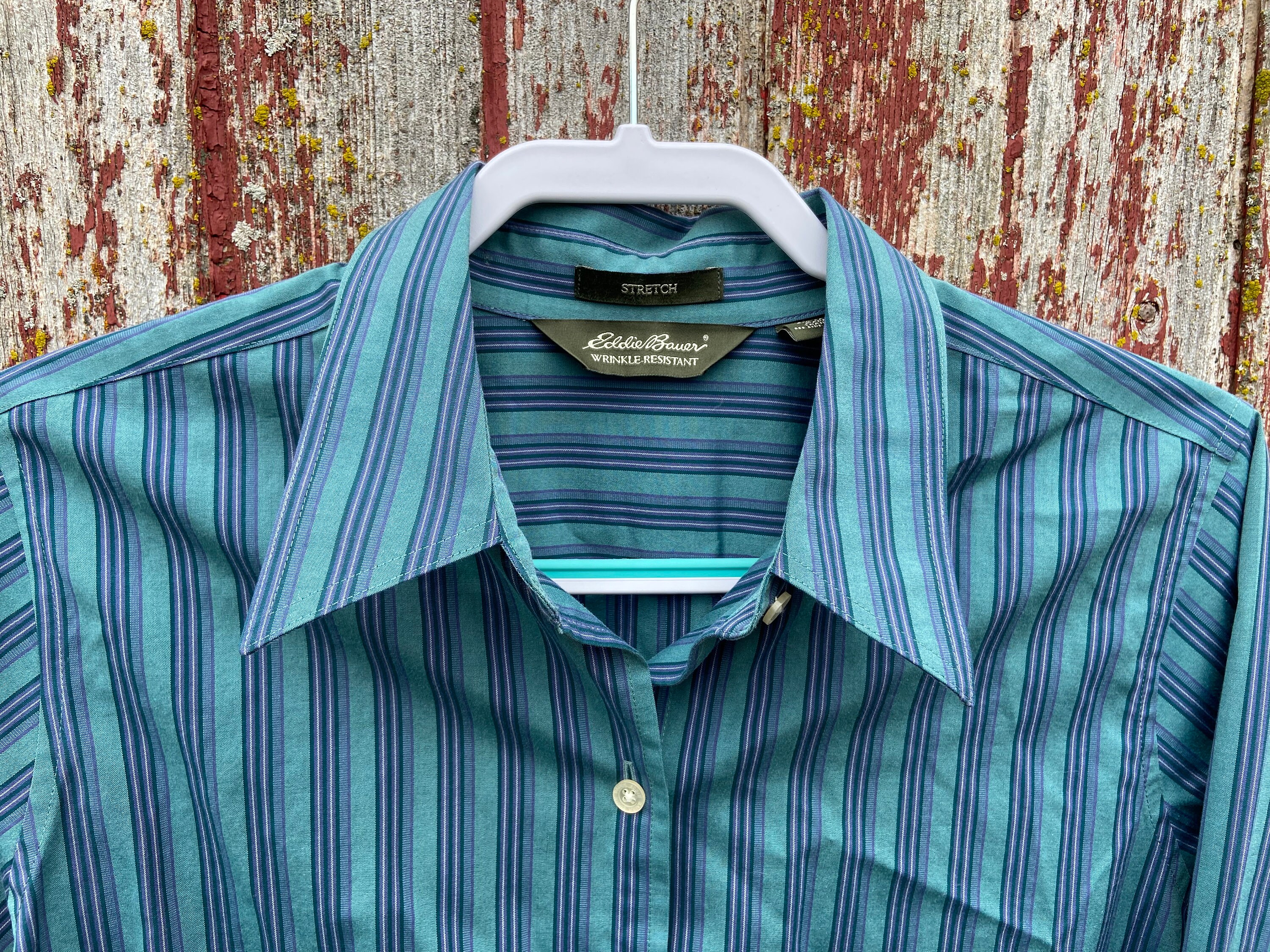 Chemise Eddie Bauer Chambray En Coton - Taille L, Manches Longues, Vert/violet Rayé, Occasion