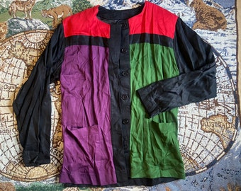 80s Vintage Color Block Blouse Women’s 80s Vintage Button Up Shirt Dress Shirt Justin Allen Sportswear New York Size Medium Women’s