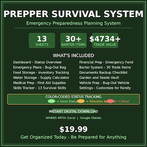 May include: A dark green graphic titled "PREPPER SURVIVAL SYSTEM" detailing emergency preparedness. It features "13 Sheets," "30+ Barter Items," and "$4734+ Trade Value." The graphic lists included items and a colour-coded status tracking system for easy reference.