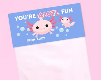 Axolotl Valentine Kit, Personalized Sticker & Bag Set, Class Gift, Set of 24