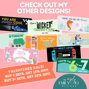 May include: A collection of colorful Valentine's Day themed designs, including cards with unicorns, cartoon characters, and playful text. The designs feature phrases like "You are magical" and "You're the 6 to my 7."