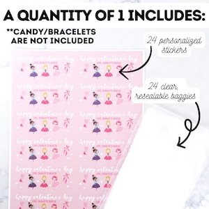 May include: A Valentine's Day kit includes 24 personalized stickers and 24 clear, resealable baggies. The stickers feature a pink background with ballerina illustrations and the text "Happy Valentine's Day".