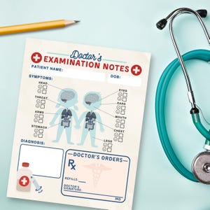 May include: A printable doctor's examination notes template with a cartoon illustration of a boy and girl with internal organs labeled. The template includes sections for patient name, date of birth, symptoms, diagnosis, and doctor's orders.