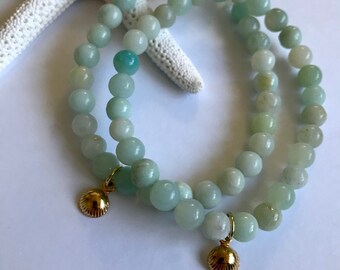 Aqua Amazonite and Gold Seashell Charm Bracelet | 6mm | Beach Jewelry | Ocean Lover | Coastal Style | Gemstone