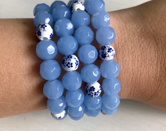 Blue Hydrangea Beaded Bracelet | Periwinkle | Faceted Glass | Ceramic Bead | Stackable | Summer