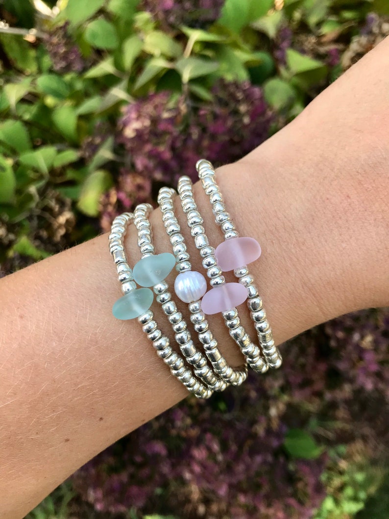 Ocean Seed Bead Silver Mercury Glass Bracelet  Single Bead  image 0
