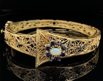 14K Yellow Gold Sapphire Opal Antique Bangle