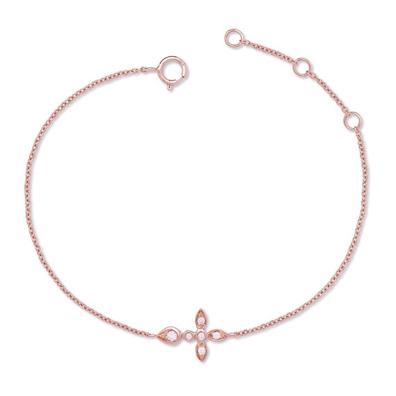 14K Solid Rose Gold Sideways Cross Dainty Bracelet, Cross Bracelet