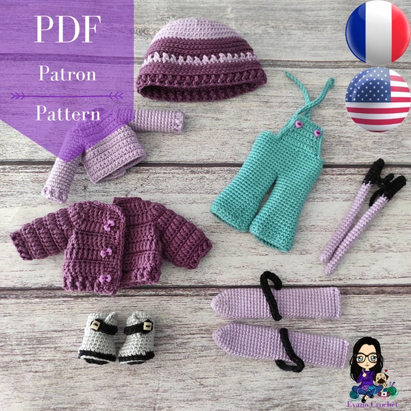 Patron PDF vêtement poupée crochet - Tenue Ambre au ski