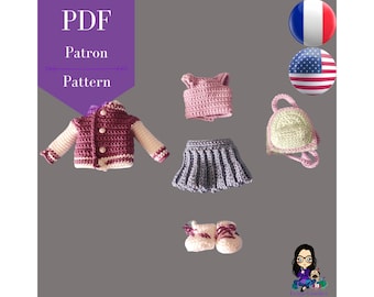 Patron PDF vêtement poupée crochet - Tenue pour la poupée Ambre "C'est la rentrée"
