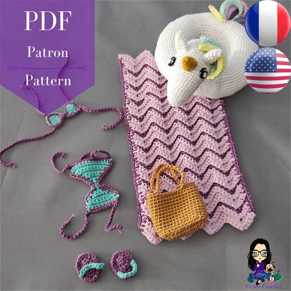 Patron PDF vêtement poupée crochet - Tenue pour la poupée Ambre "A la plage"