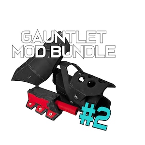 Pode incluir: Um conjunto de módulos de armadura de braço impresso em 3D, preto e vermelho, com a etiqueta "GAUNTLET MOD BUNDLE #2".