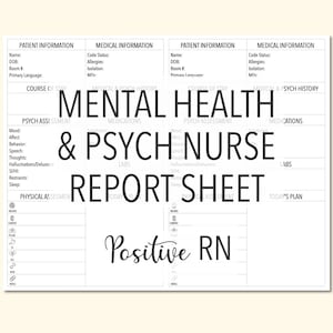 Peut inclure: Feuille de rapport imprimable noir et blanc pour la santé mentale et les infirmières en psychiatrie avec le texte "Santé mentale et infirmière en psychiatrie Feuille de rapport" et "Infirmière positive" dans une police plus grande.