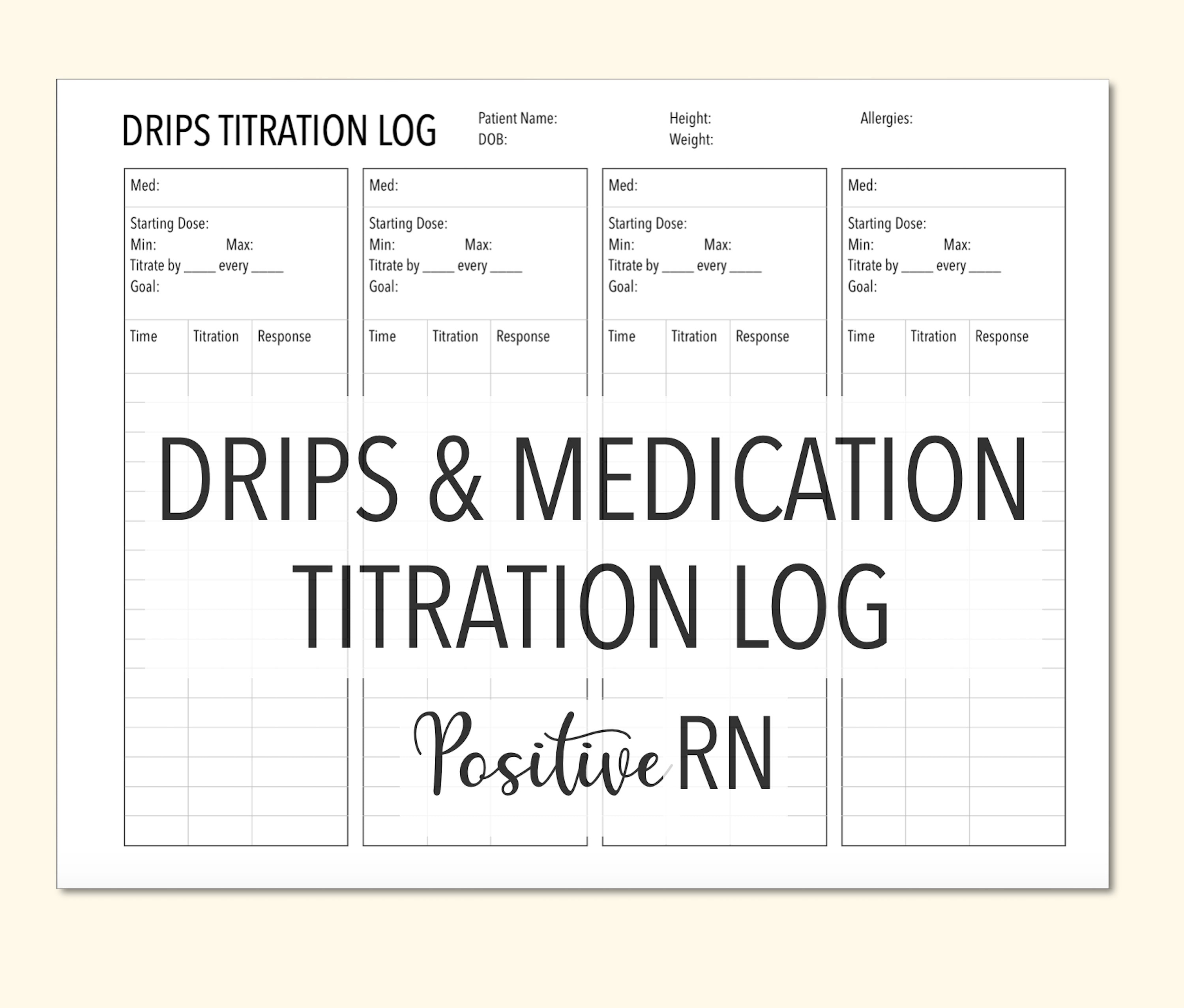 Drips & Medications Titration Log Flowsheet Instant Download Etsy