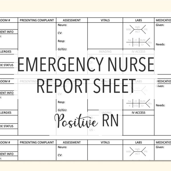 4 Patients Emergency Department ED ER Minimalist Nurse Brain/Report Sheet - SBAR Handoff Student Nurse Report Sheet