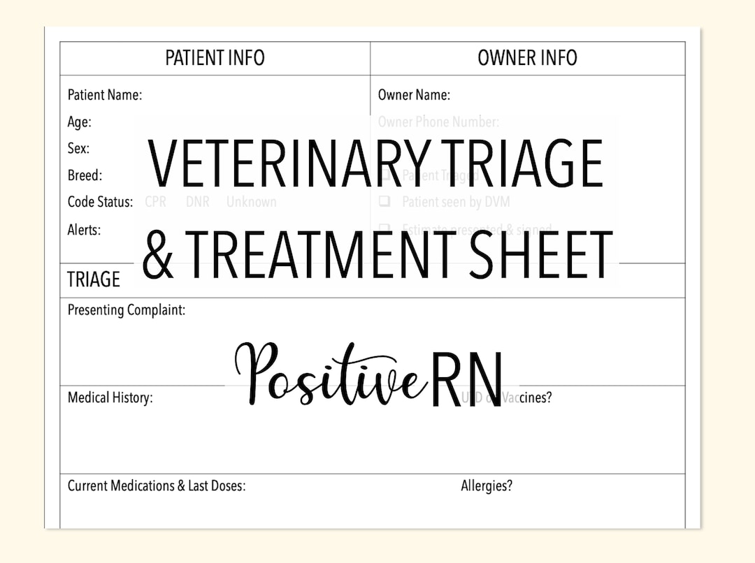 Veterinary Triage & Treatment Sheet Intake Form Vet Tech Nurse