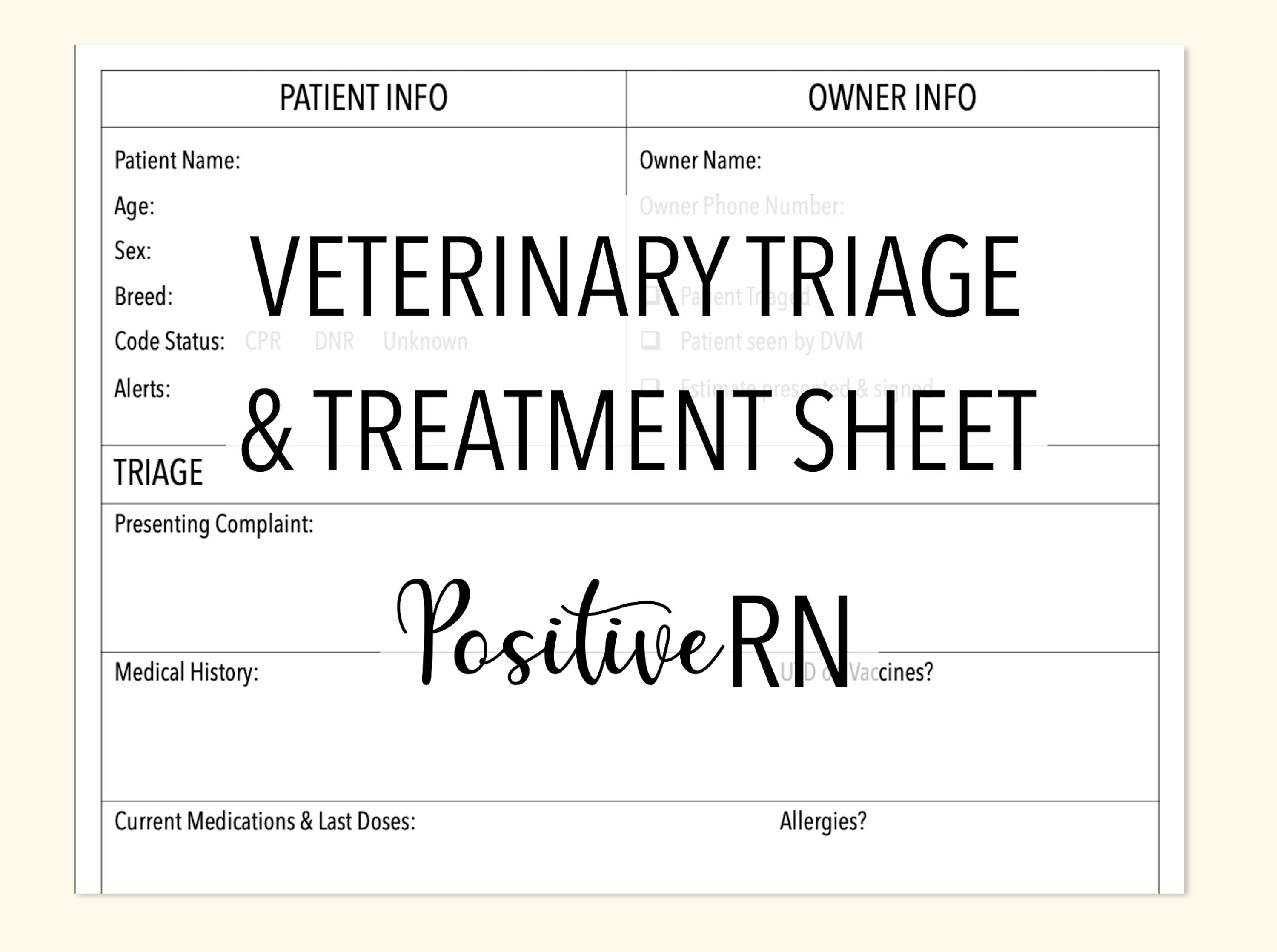 Veterinary Triage & Treatment Sheet Intake Form Vet Tech Nurse