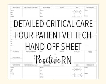Vet Tech Critical Care Report Sheet: 4 Patients (Digital Download)