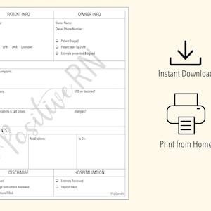 Veterinary Triage &amp; Treatment Sheet Intake Form | Vet Tech Nurse ...