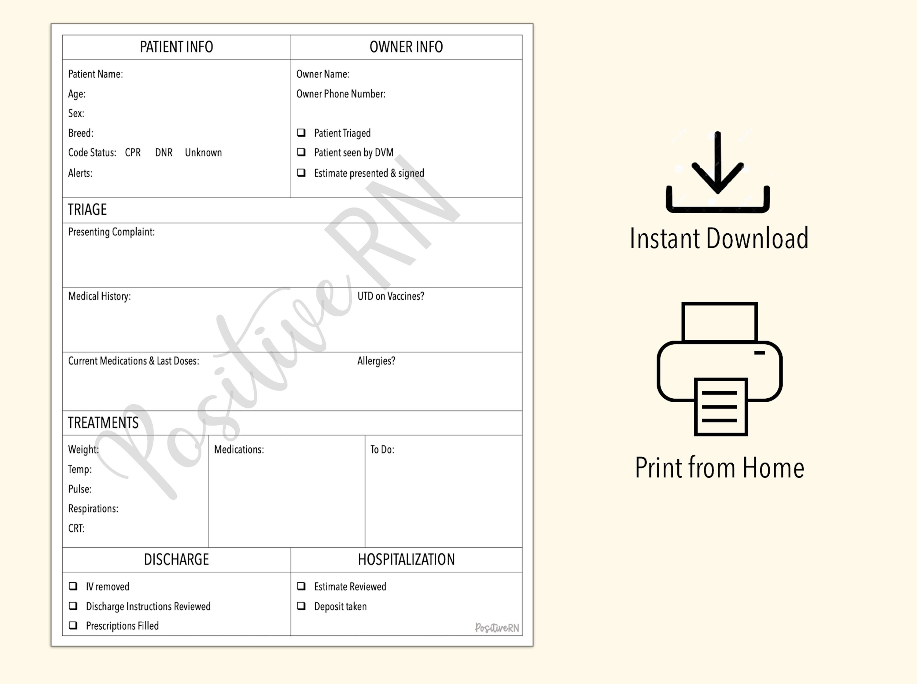 Veterinary Triage &amp; Treatment Sheet Intake Form Vet Tech Nurse ...