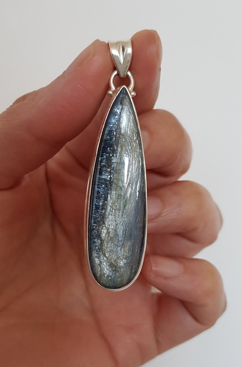 Beautiful Blue Kyanite polished pendant set in sterling silver powerful protection amulet