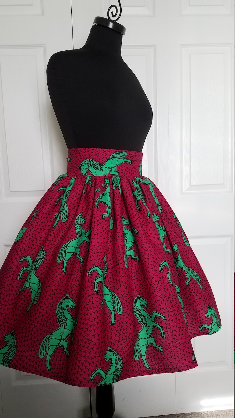 Fits US Size 10-12 Waist 32 Pink Green Short Skirt; High Waisted Wide Waistband Gathers; Pocket; West African Wax Cotton