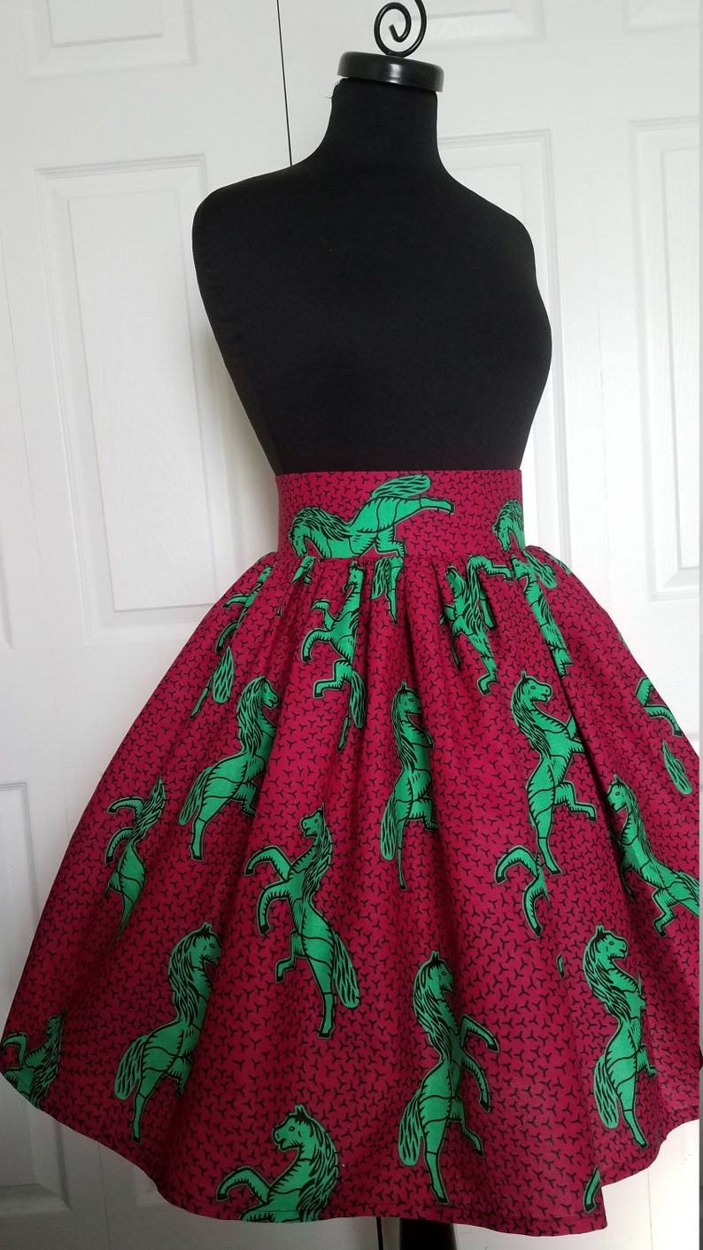 Fits US Size 10-12 Waist 32 Pink Green Short Skirt; High Waisted Wide Waistband Gathers; Pocket; West African Wax Cotton