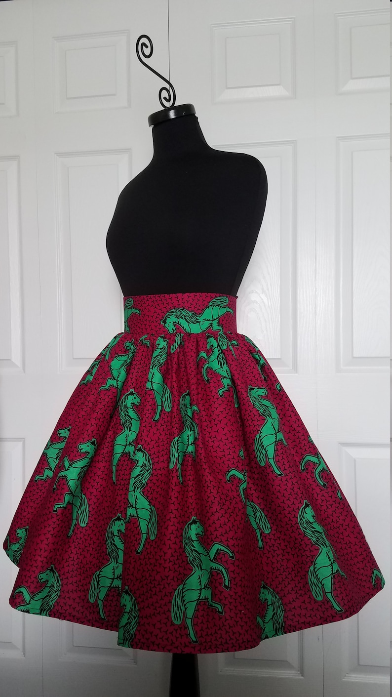 Fits US Size 10-12 Waist 32 Pink Green Short Skirt; High Waisted Wide Waistband Gathers; Pocket; West African Wax Cotton