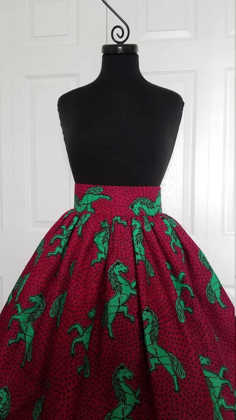 Fits US Size 10-12 Waist 32 Pink Green Short Skirt; High Waisted Wide Waistband Gathers; Pocket; West African Wax Cotton