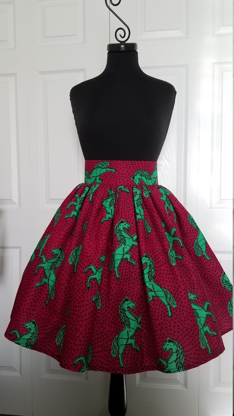 Fits US Size 10-12 Waist 32 Pink Green Short Skirt; High Waisted Wide Waistband Gathers; Pocket; West African Wax Cotton