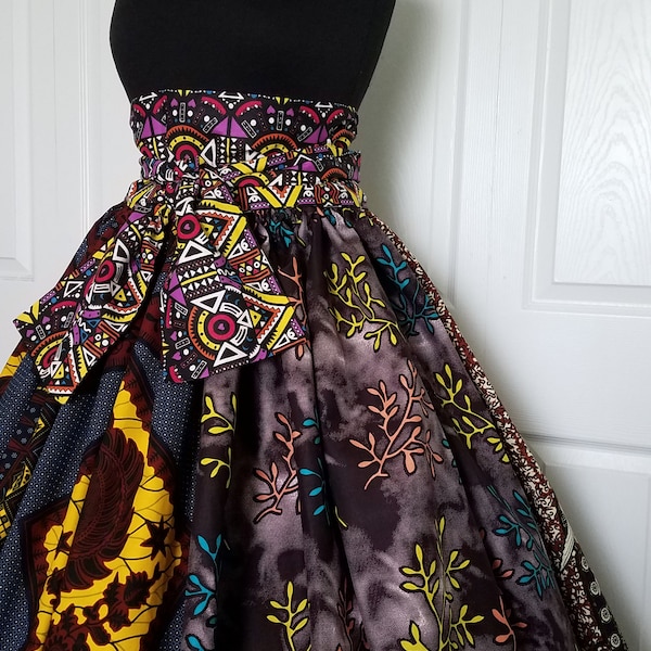 African Floor Length Skirt with Pockets; Patch Work Skirt; High Waisted Elasticized Gathers; African Wax Cotton - Fits Sizes M to Plus
